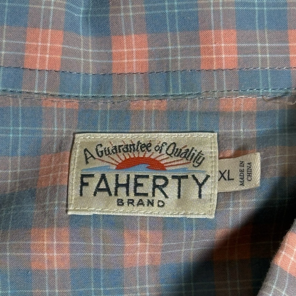 Faherty Button Down Shirt Mens XL Plaid Short Sleeve 100% Cotton Blue Orange - Picture 4 of 11